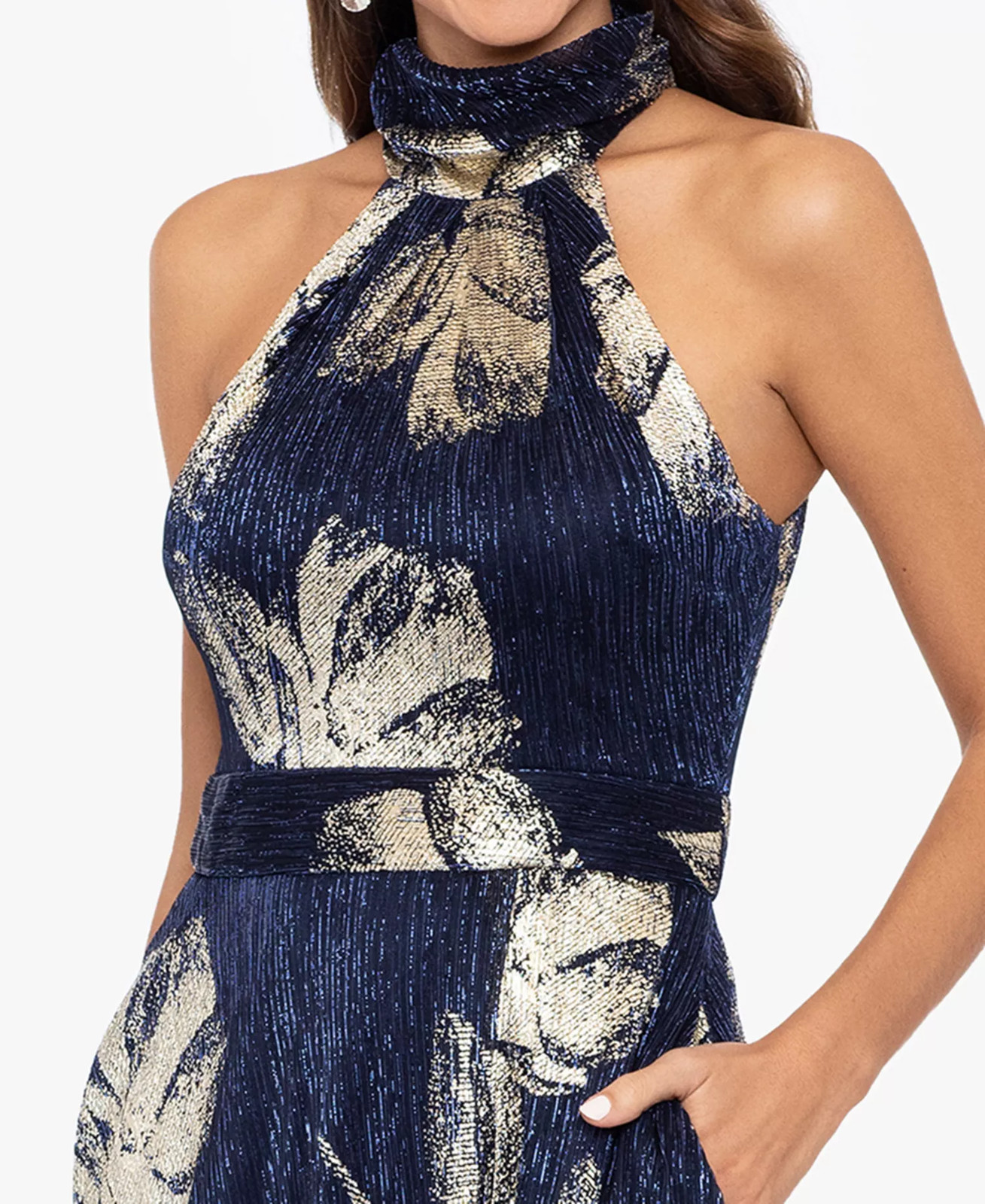 Betsy & Adam Metallic Gown Halter Floral Slit Pockets Formal Navy Silver 8 $289