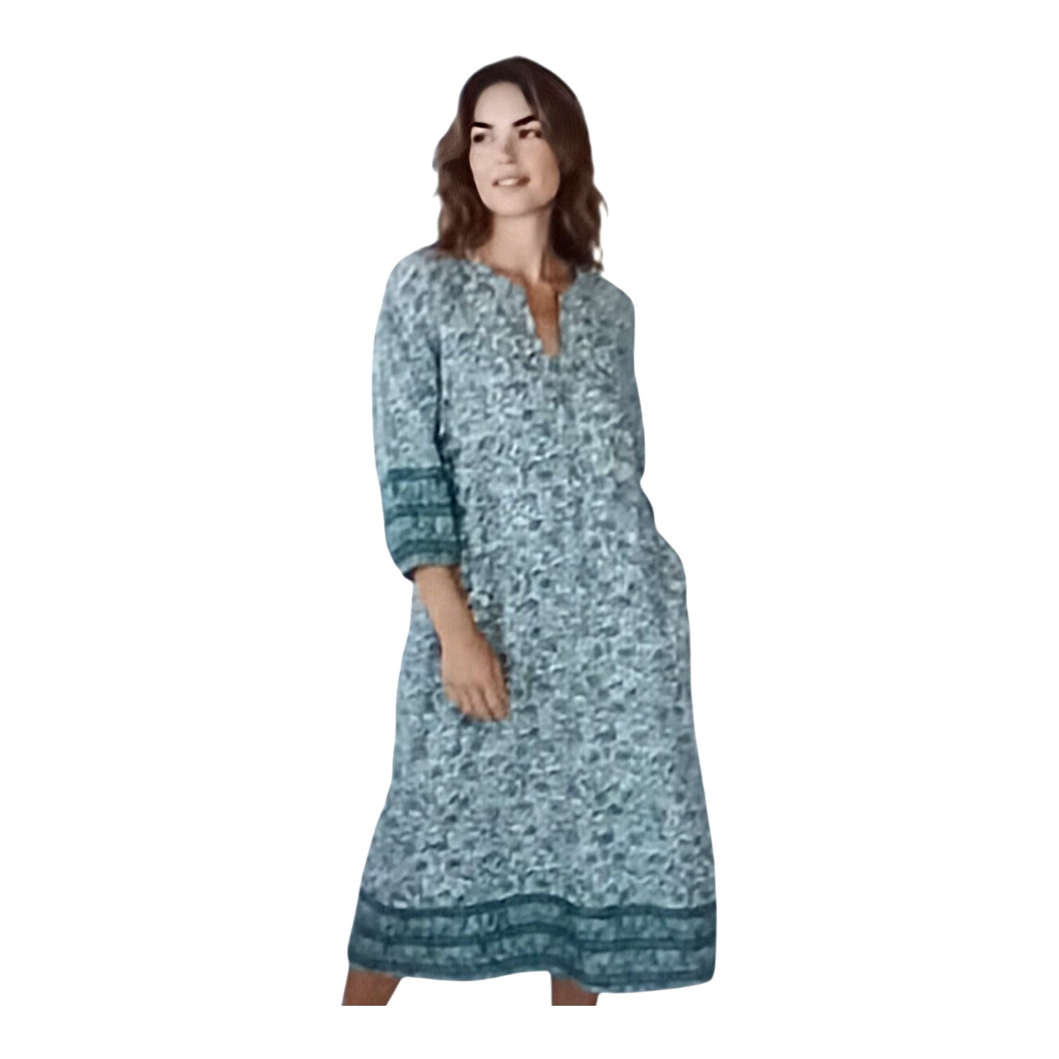 J JILL Women’s Green Purple V Neck 3/4 Sleeve 100% Cotton Midi Dress Boho Sz L