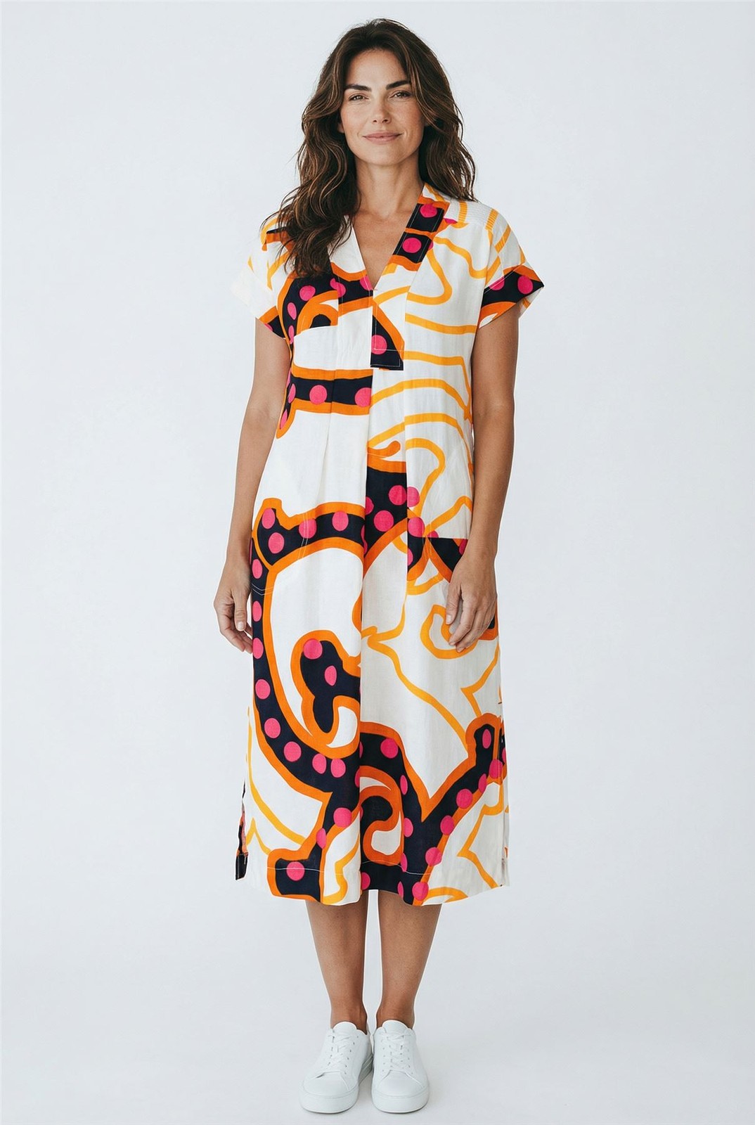 Womens White Stuff Dress Orange Marianne Midi Linen Blend Abstract Print