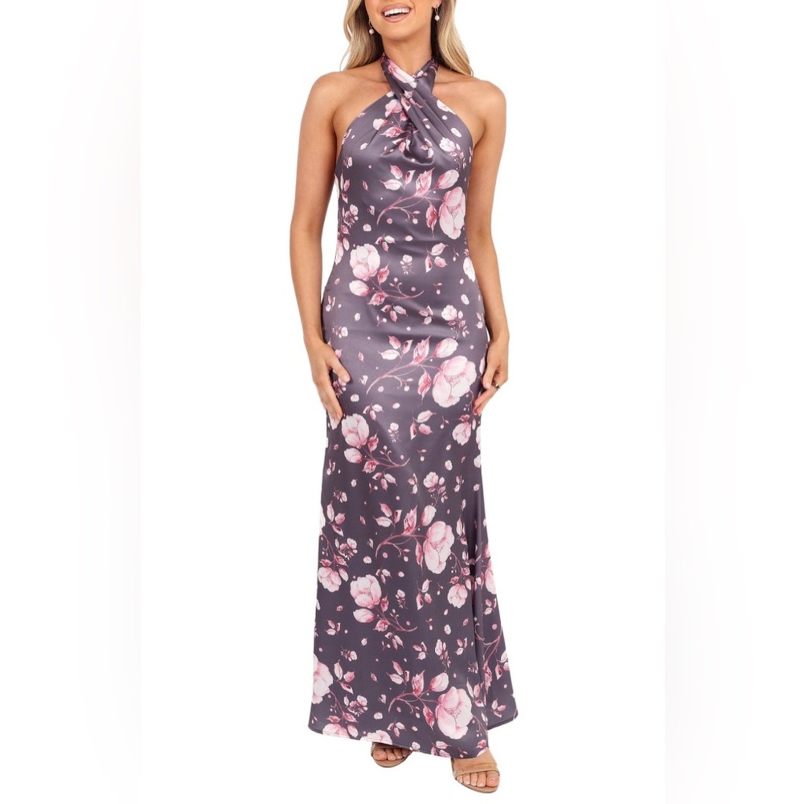 Petal and Pup Women’s Mila Halterneck Maxi Dress Steel Gray Floral Size Medium