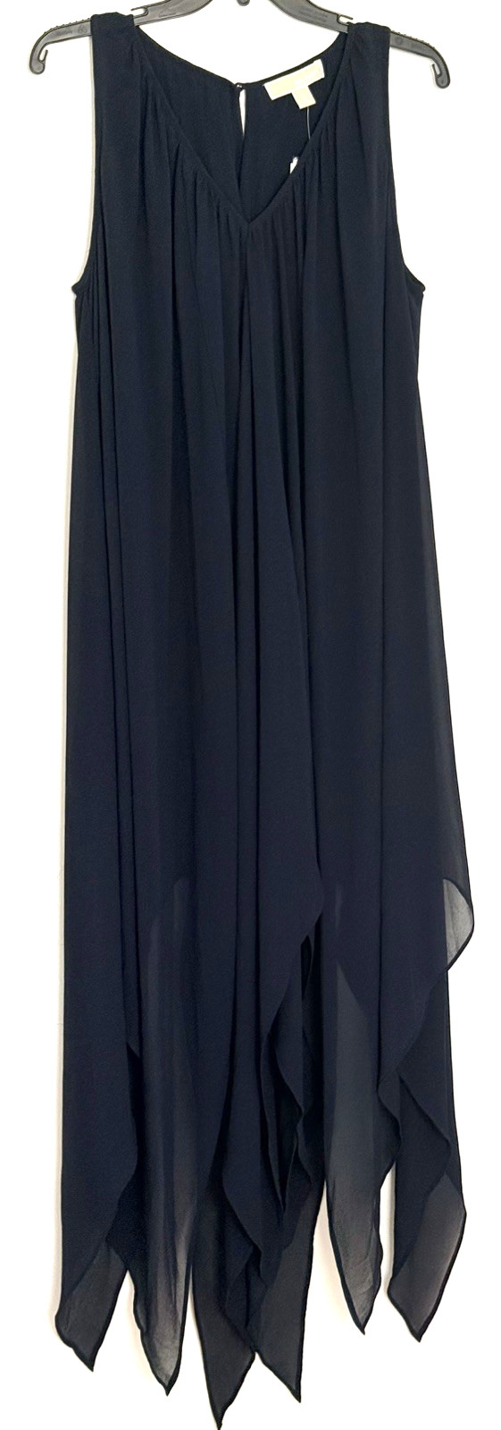 Michael Kors Navy Chiffon Sharkbite Hem V-Neck Midi Dress NWT Size Large