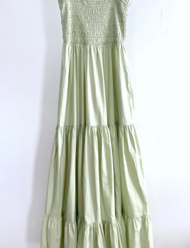Abercrombie & Fitch Smocked Bodice Easy Maxi Dress Tiered Boho Light Green NWT S