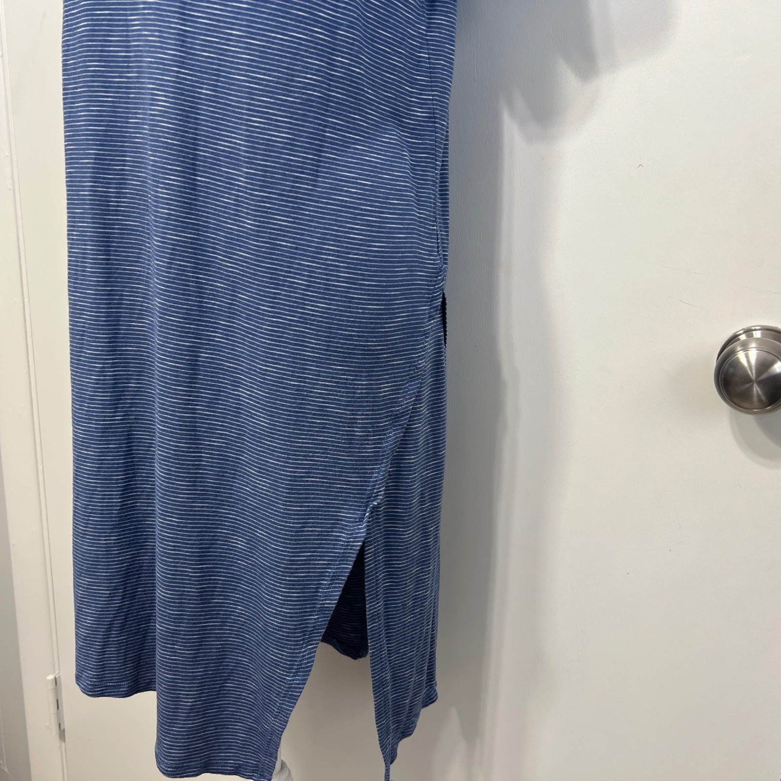 Mod Ref T-Shirt Dress Size S Blue Striped Short Sleeve Side Slit Midi Coastal