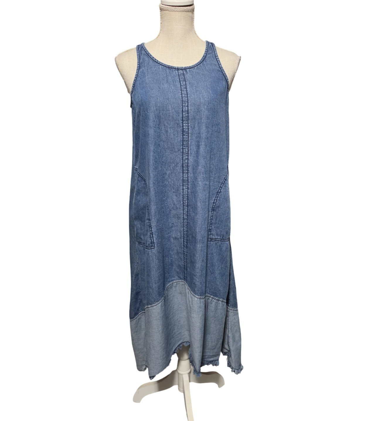 ROPER Dress Womens Medium Blue Chambray High Low Maxi Sleeveless Pockets Boho