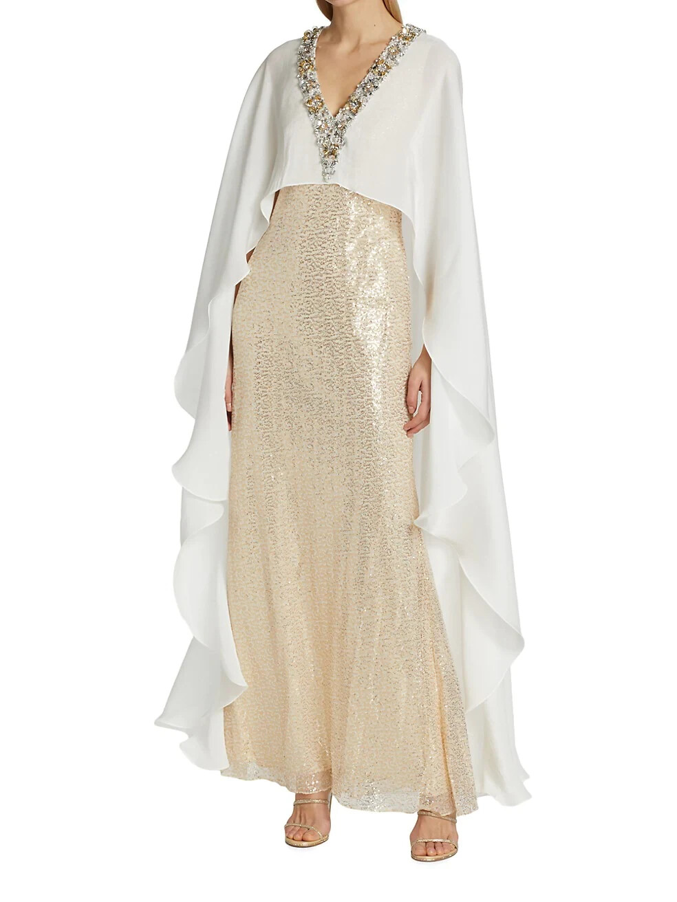 Badgley Mischka Sequined Cape Dress Gold sz 0 Modest $1300 NWT OSCAR GALA MOB