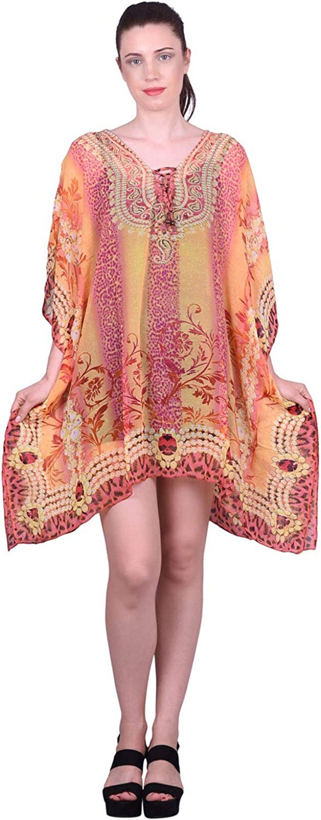 Jewel Print Bohemian Style Summer Beach Chiffon Kaftan Poncho Shirt L-34″