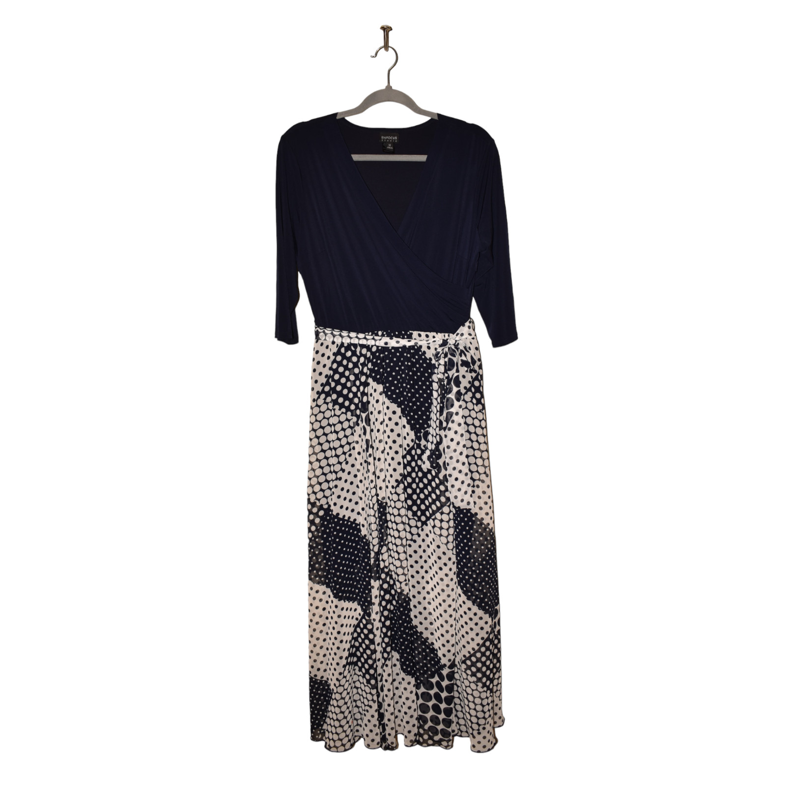 EN FOCUS STUDIO $148 Half Sleeve V-Neck Tie-Waist Maxi Dress Navy/White Size 12
