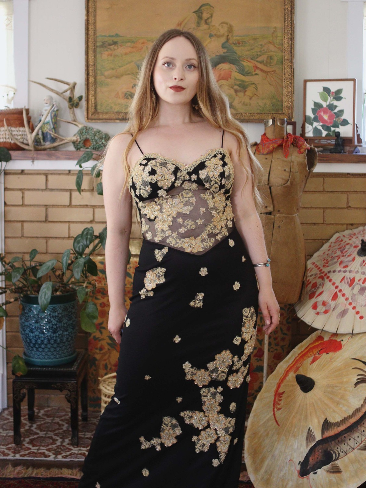 Y2K Cassandra Stone Dress Sheer Black Mesh Champagne Gold Lace Prom Dress 2000s