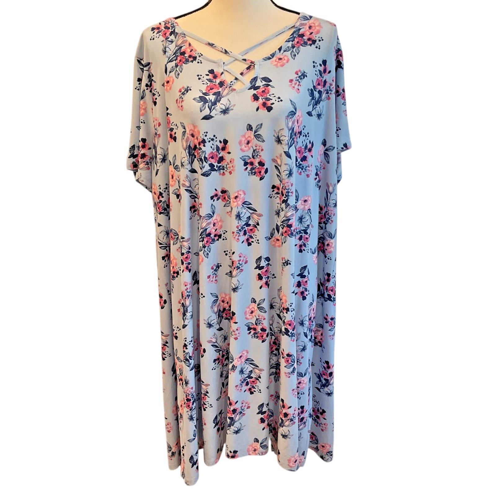 Pink Rose Dress Sz 3x Blue Pink Floral Short Sleeve Flowy Knit Crisscross Neck