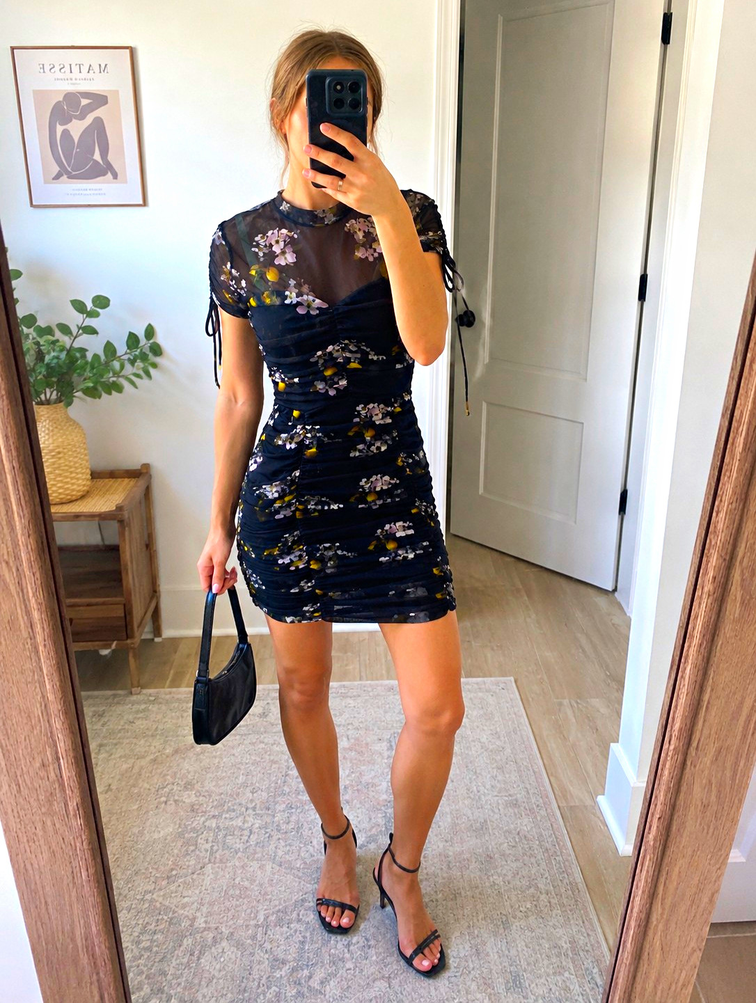 AllSaints Ruched Mesh Floral Lemon Print Mini Dress Black Bodycon Size US 6 M