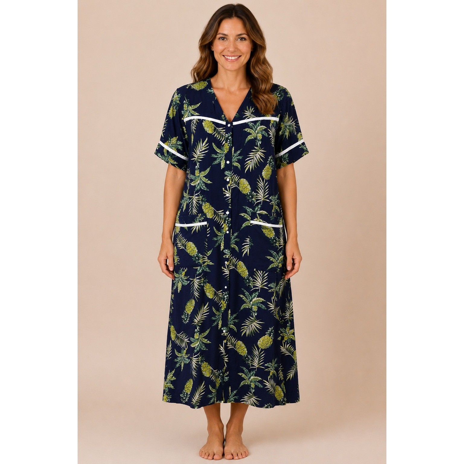 Ekouaer Pineapple House Dress Snap Front Muumuu Coastal Boho Navy Cotton Large