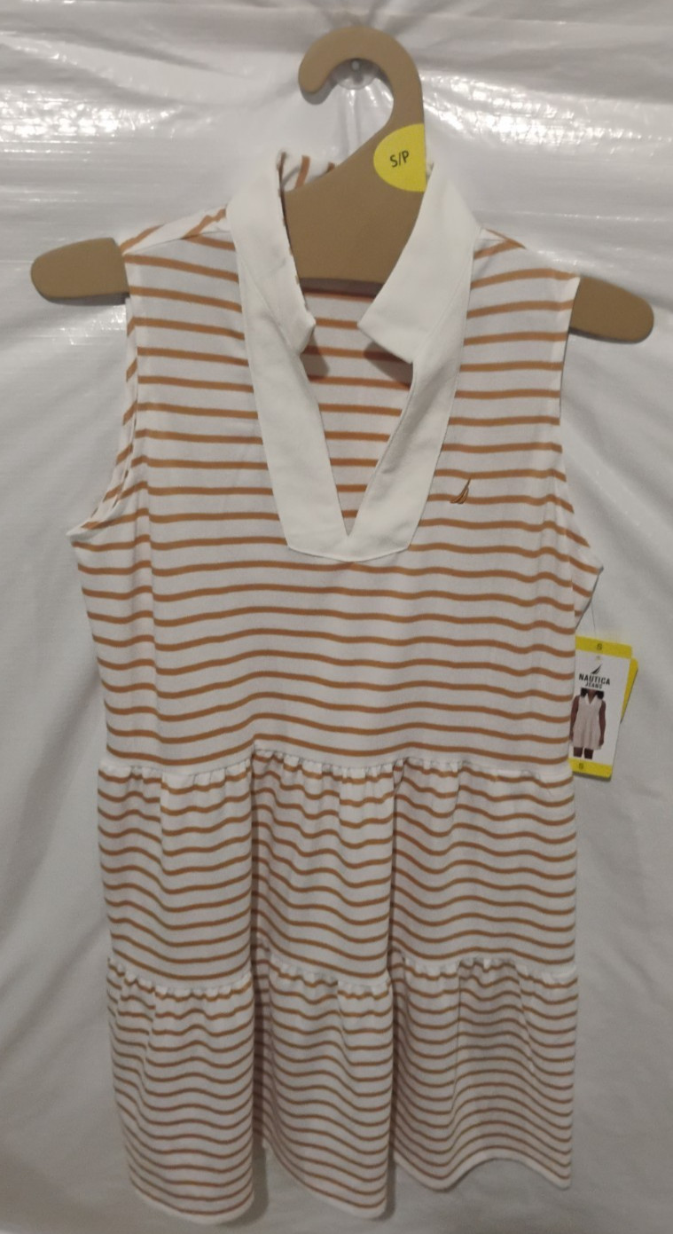 Nautica Jeans Women’s Tiered Collar Sleeveless Mini Dress Almond Ivory Small New