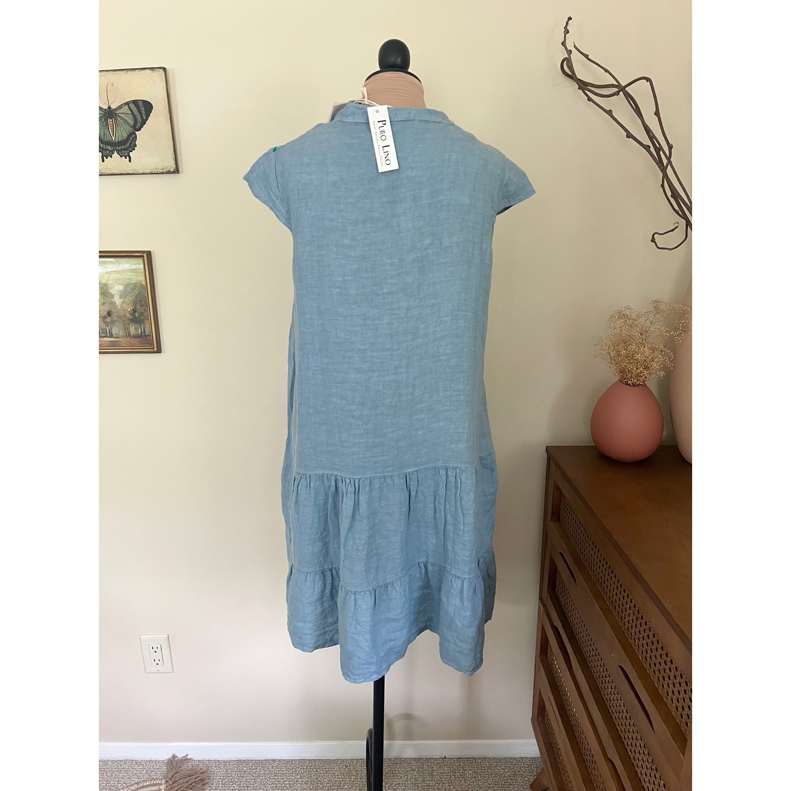 Francesca Bettini Blue Linen Ruffle Dress