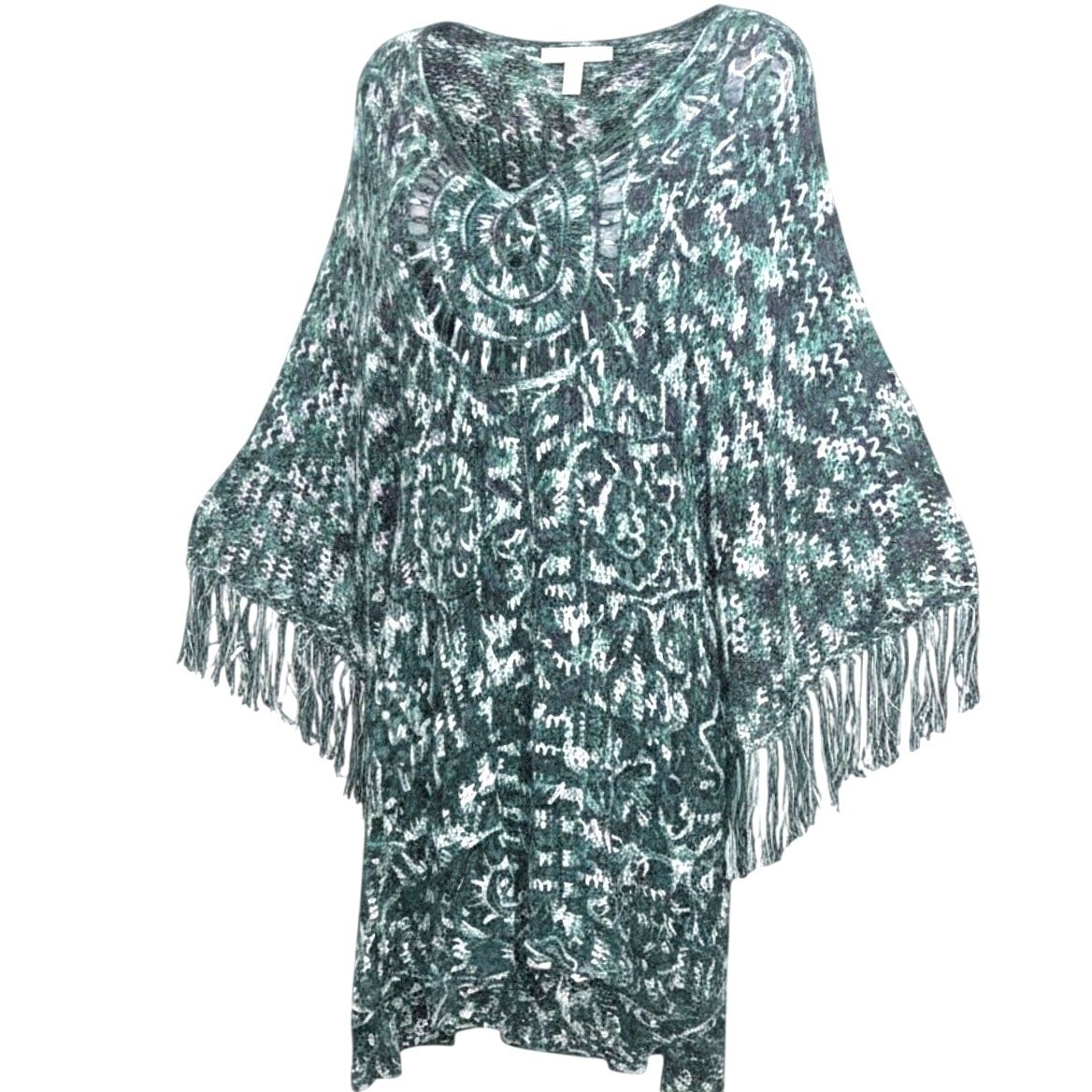 Crochet V-neckline Heavy Fringe Dress Poncho Cover Up Teal White Sz 0 Festival