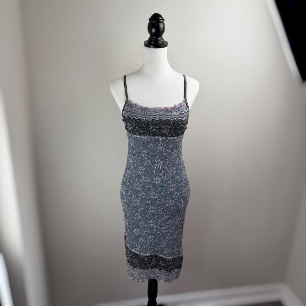 Jane Norman Y2K Grey Floral Lace Shimmer Bodycon Slip Midi Dress (SKU-641)