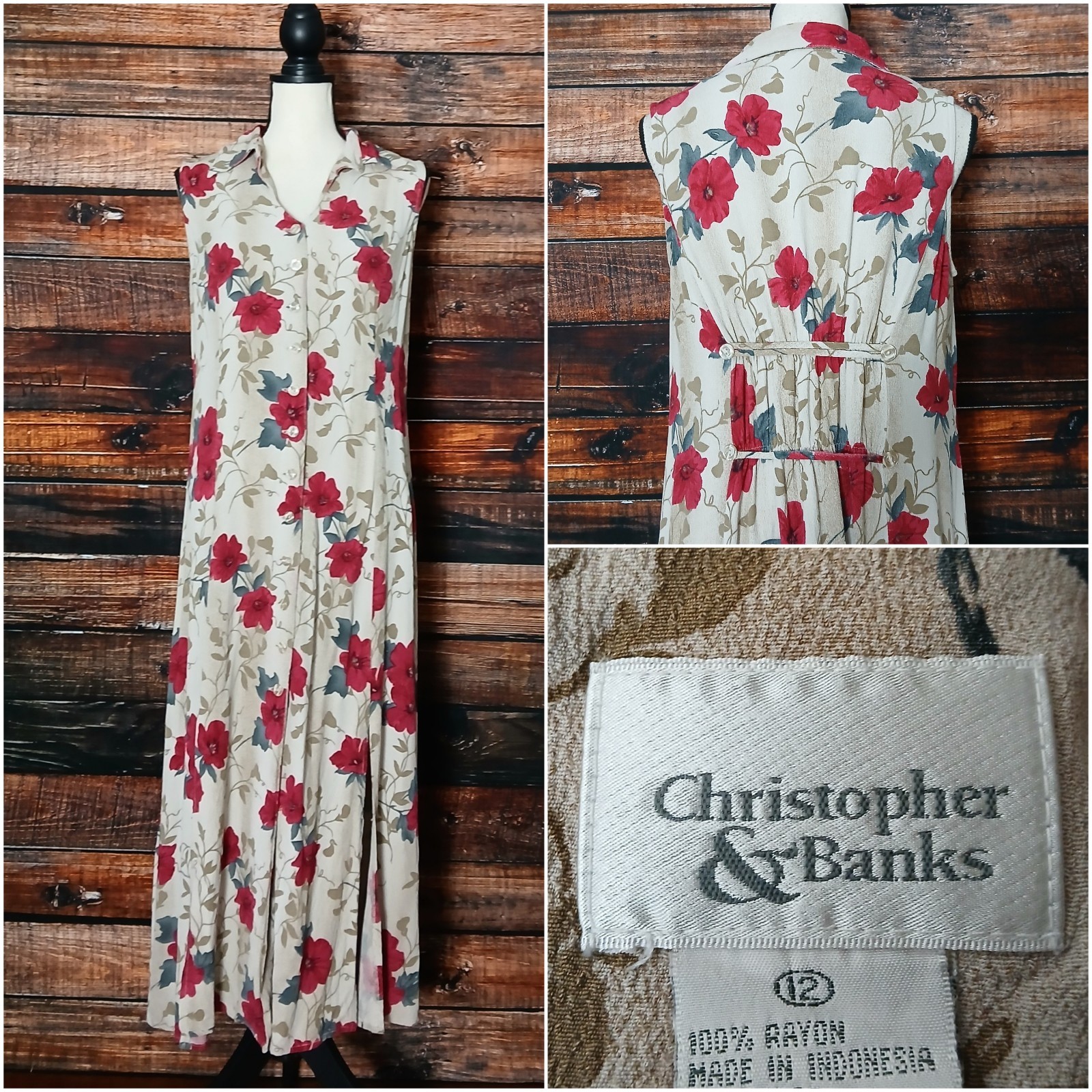 Christopher & Banks Dress 12 Vintage Midi Button Down Tan Floral Rayon
