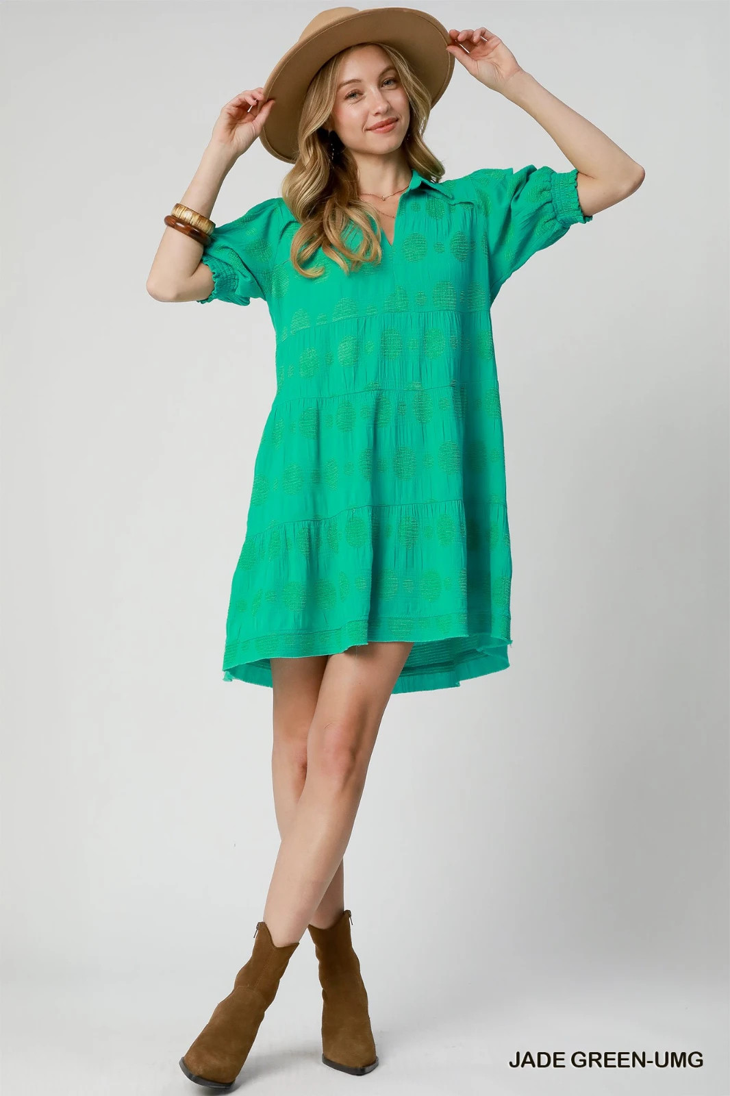 Jade Umgee Swiss Dot Jacquard Collared Tiered Short Dress w/ Smock Puff Sleeves
