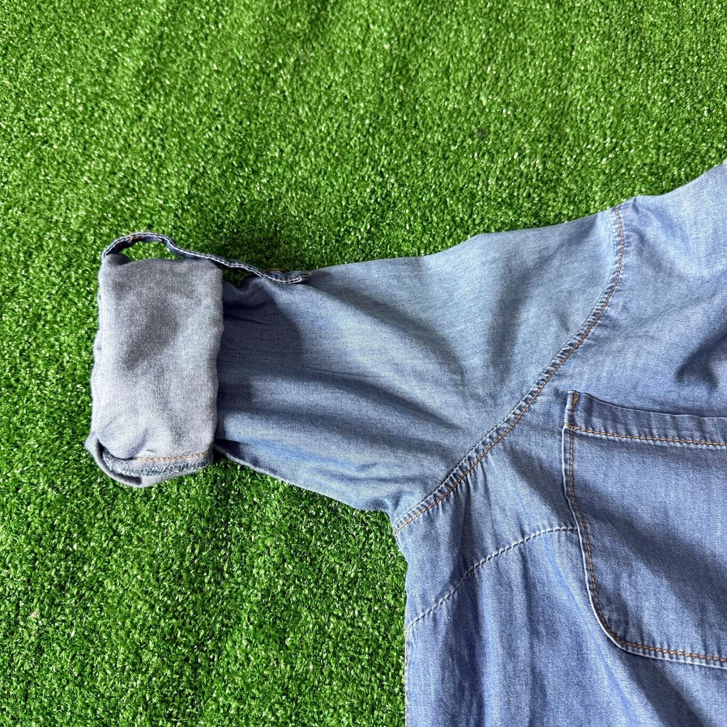 Osborne Chambray Shirt Dress Roll-Tab Sleeve Contrast Cuffs Band Collar Size L
