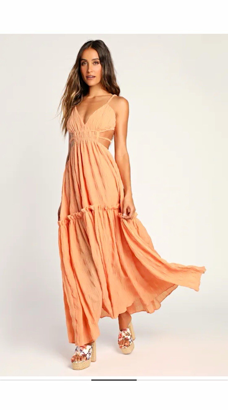MABLE Women’s Orange Crinkle Smocked V-Neck Open Back Maxi Dress Size L
