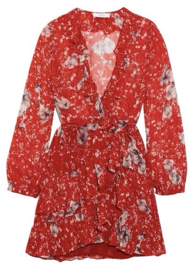 IRO Vilia Floral Wrap Mini Dress Red Ruffle Long Sleeve Chiffon Womens 6