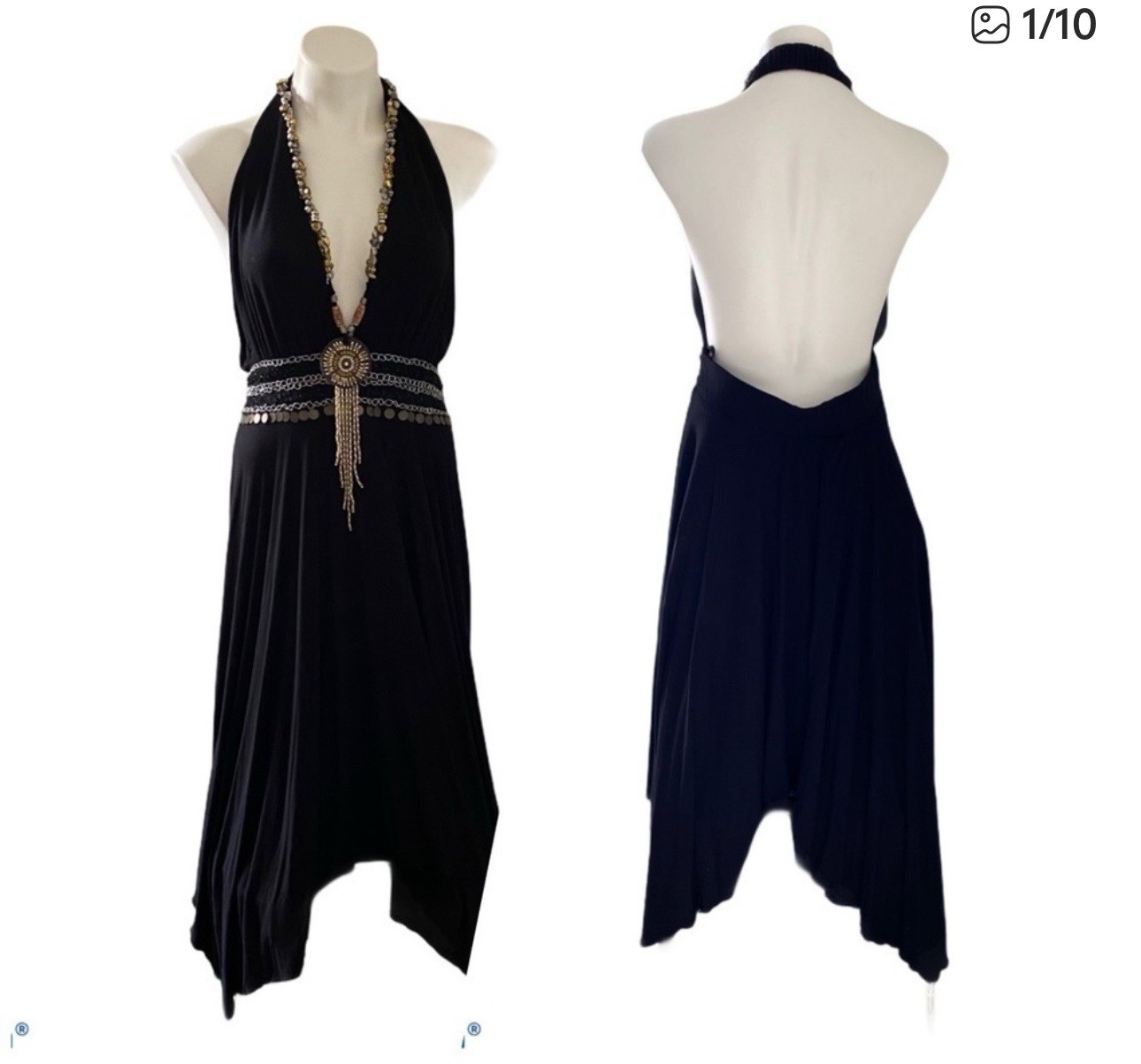 Black Boho Halter Midi Dress Beaded Necklace Chain Waist Festival Cocktail M