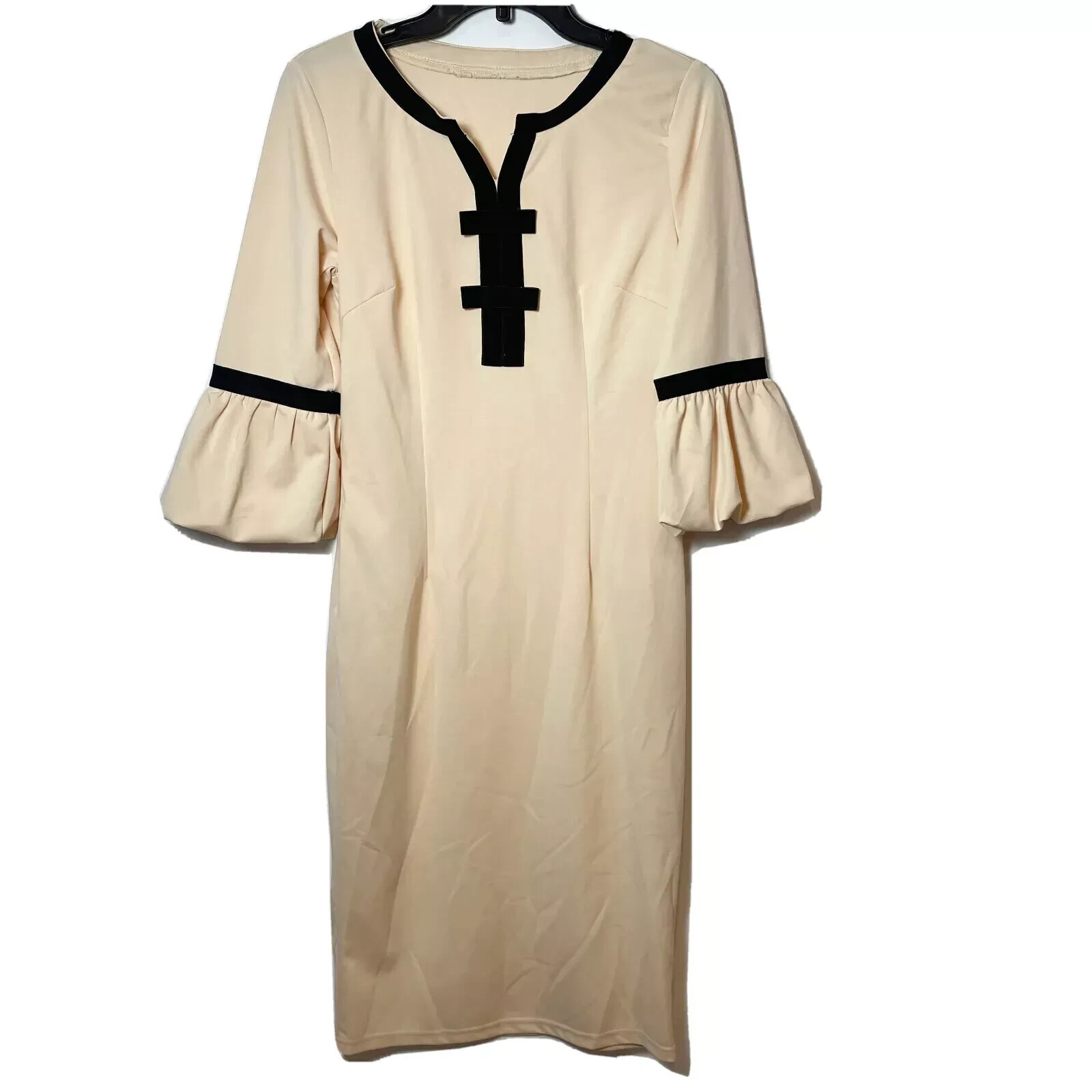 Vintage Beige Cream Sheath Dress Size M 3/4 Bell Sleeve Split Neck Angel Boho