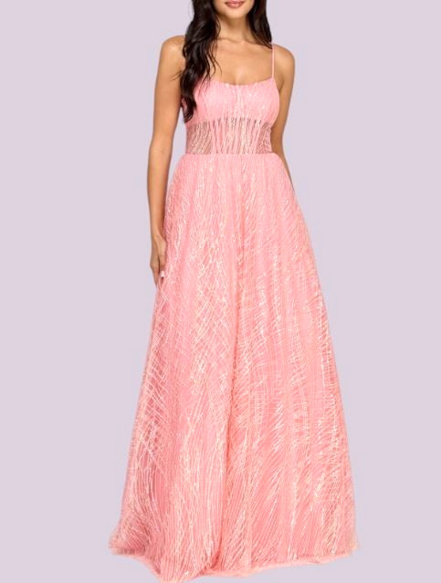 $209 Say Yes Junors’ Illusion-Front Lace-up-Back Glitter PROM Gown Size5/6 Blush