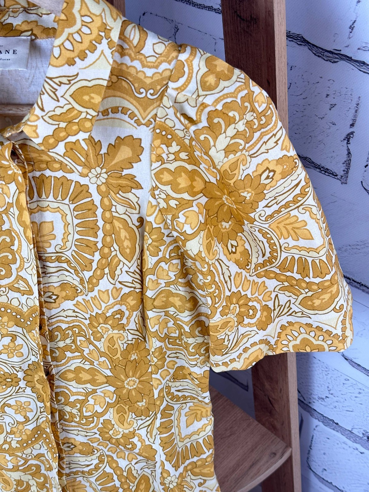 Sezane Paris Etia Pattern Short Sleeve Dress Cotton Linen Long Yellow Size 38