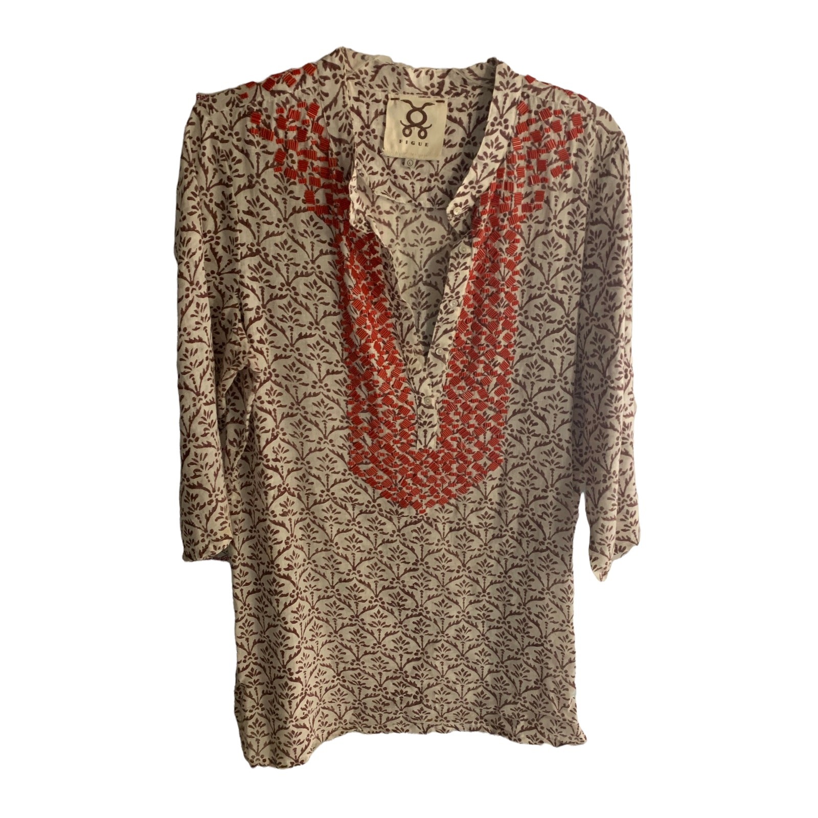 FIGUE 3/4 Sleeve Brown Leaf and Orange Beaded tunic top flaw large