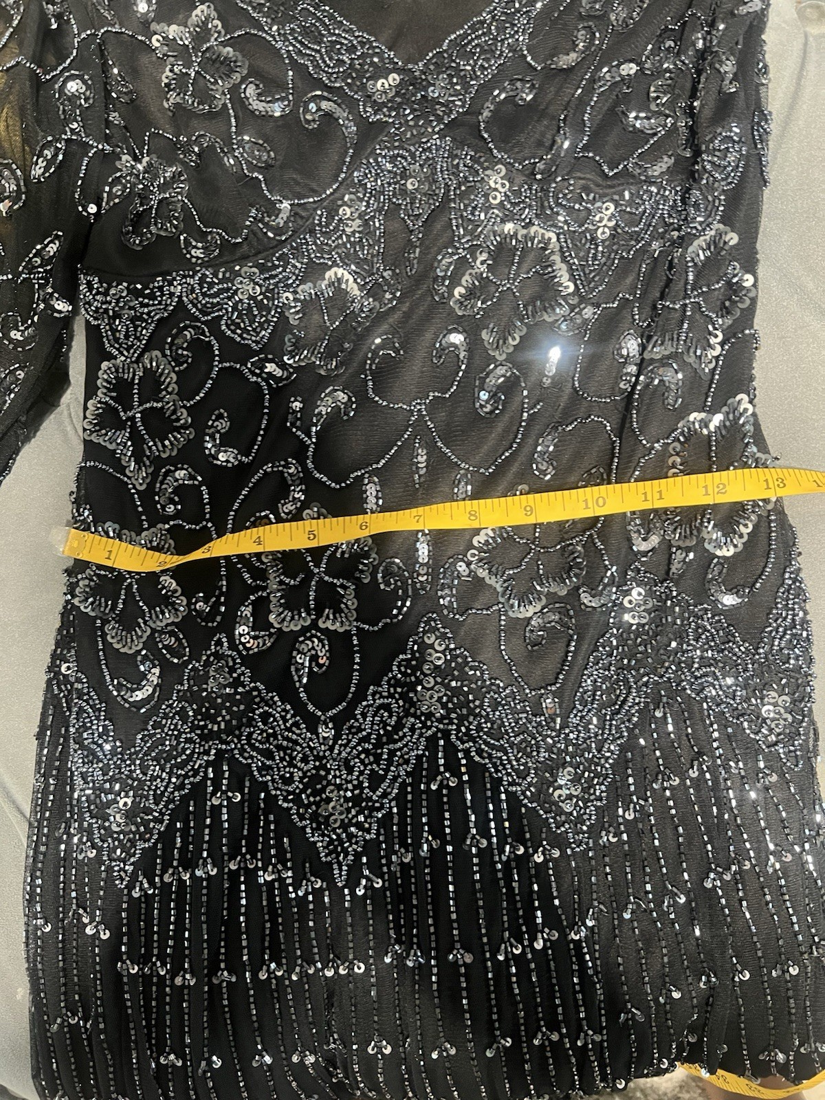 Pisarro Nights Black V-NeckBeaded Long Sleeve Evening Dress