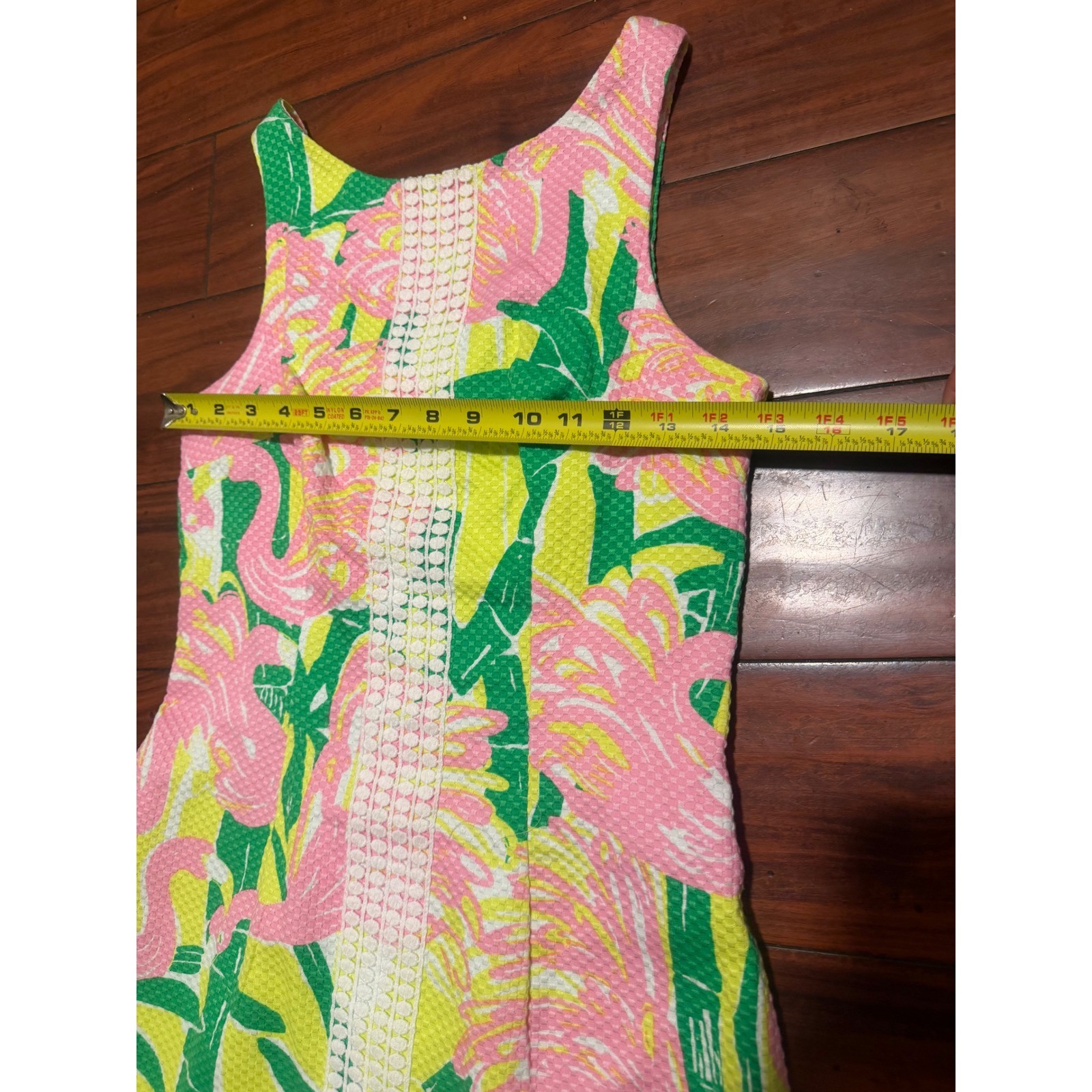 Lilly Pulitzer Flamingo Glee Shift Dress Pink Yellow Green Bamboo Lace Trim 33in