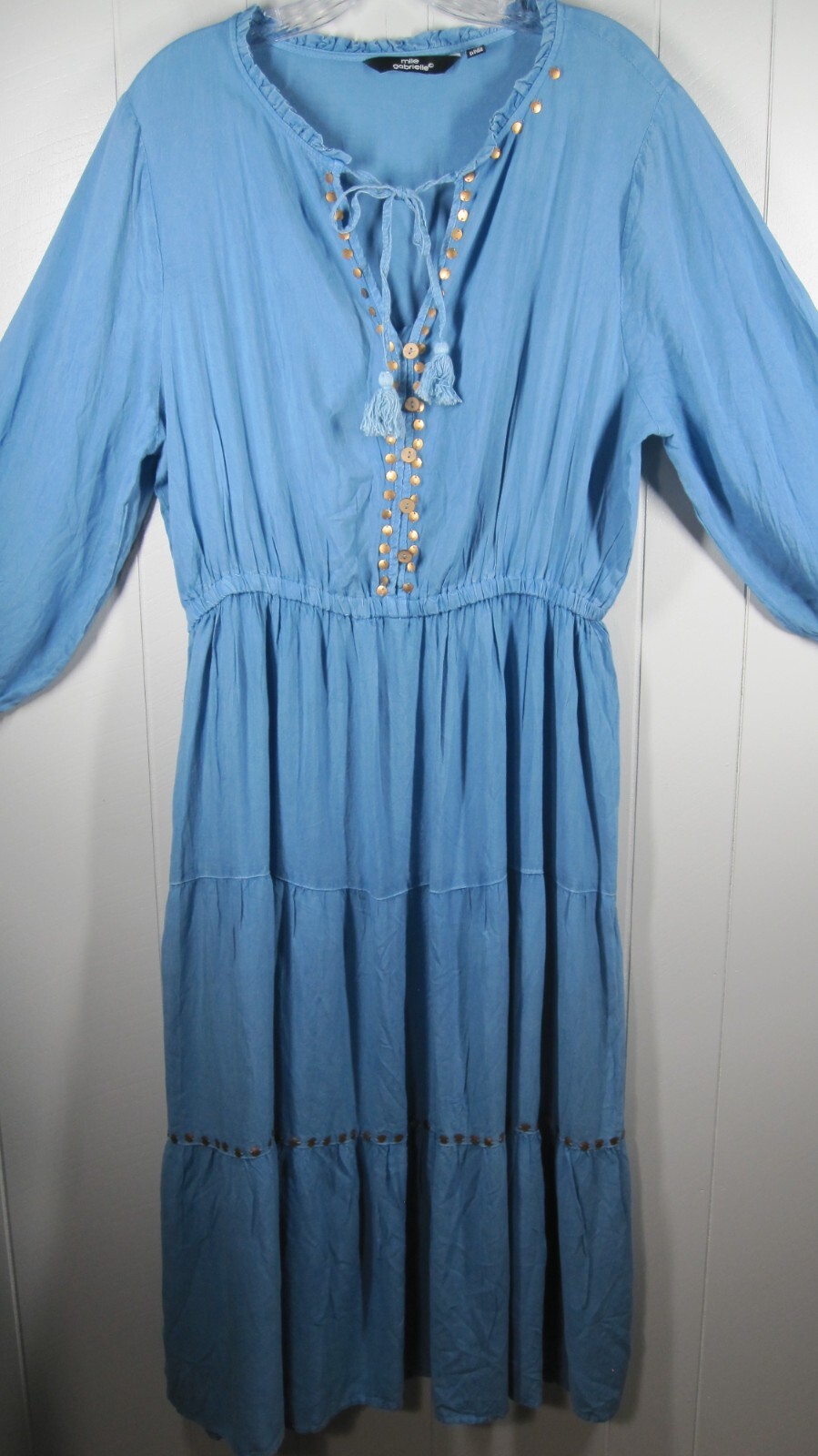 Mile Gabrielle Dress Womens 1X Chambray Maxi Tiered Studded Tassels Western Boho