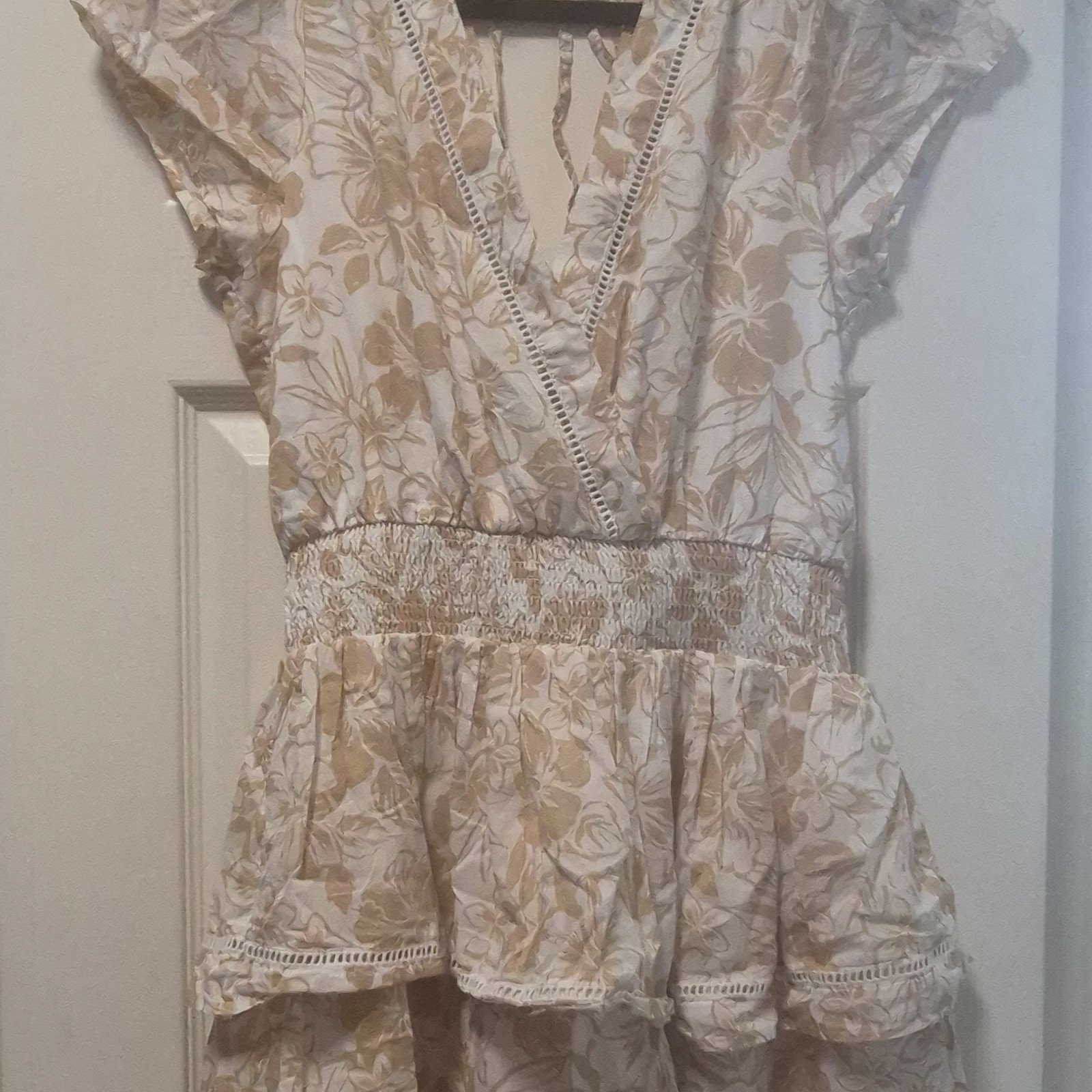 American Eagle Outfitters Floral Fit & Flare Short Dress Lace Trim S White Beige
