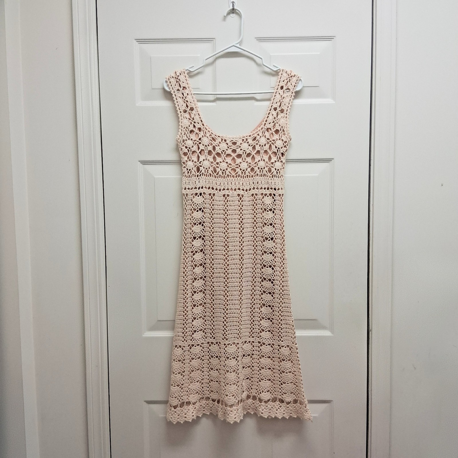 VTG Moda International Crochet Dress Open Knit Midi Beige XS Y2K Boho Festival