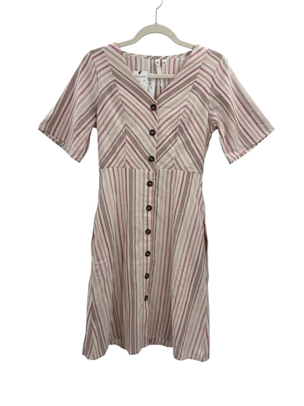 NWT Sleeveless Button Front Linen Blend Striped Dress Top in Pink & Cream