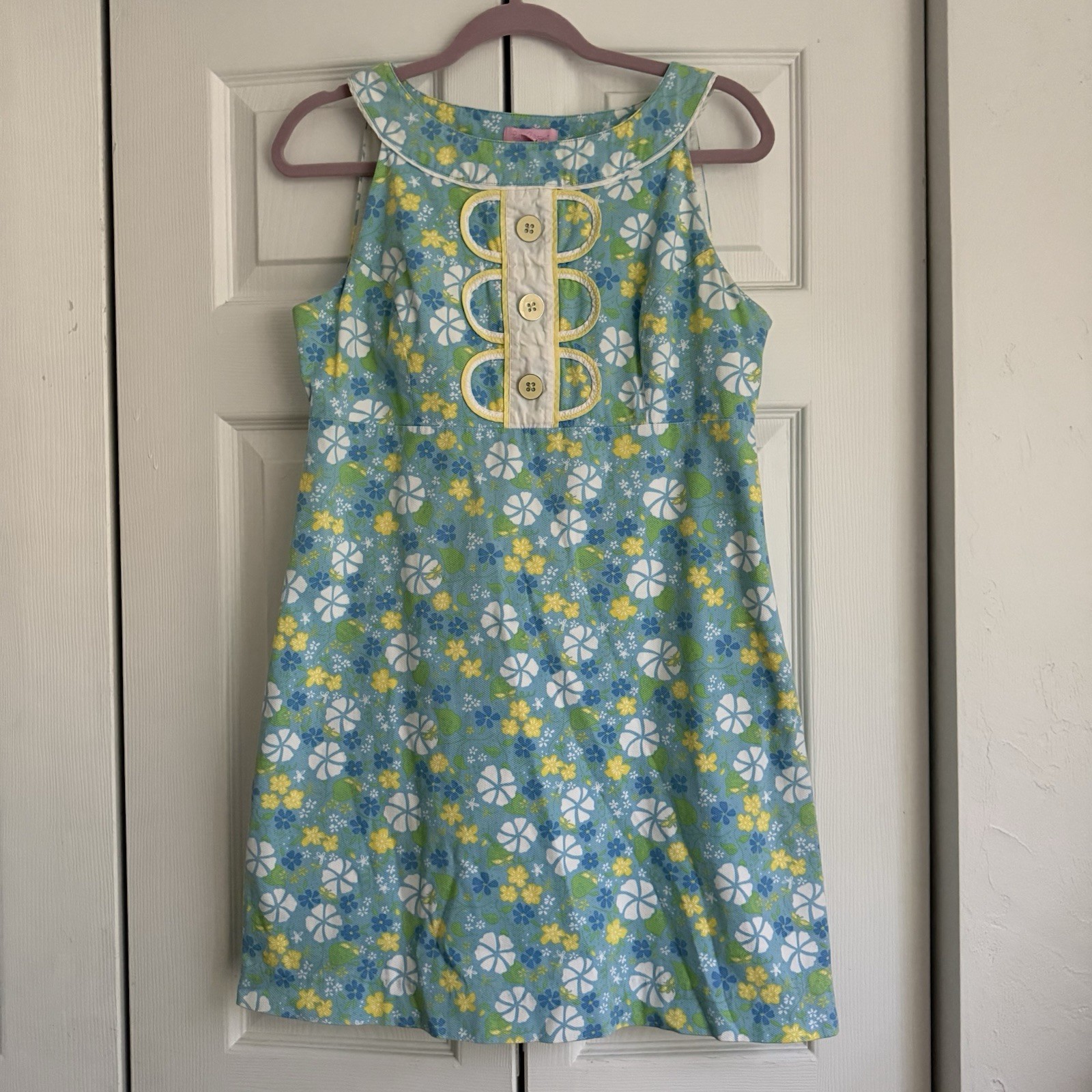 Lilly Pulitzer Dress 10 Sleeveless High Neck Shift Blue Yellow Green Floral