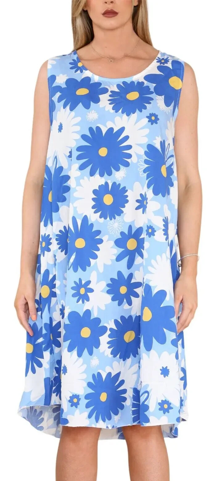 Italian Light Blue Daisy Floral Print Sleeveless Summer Dress Plus Size 16–22