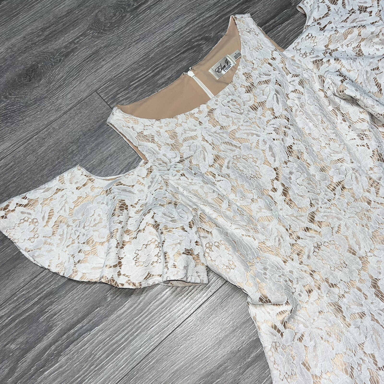 Eliza J Cream Cold Shoulder Flutter Sleeve Fit Flare Lace Nude Beige Dress 8 M