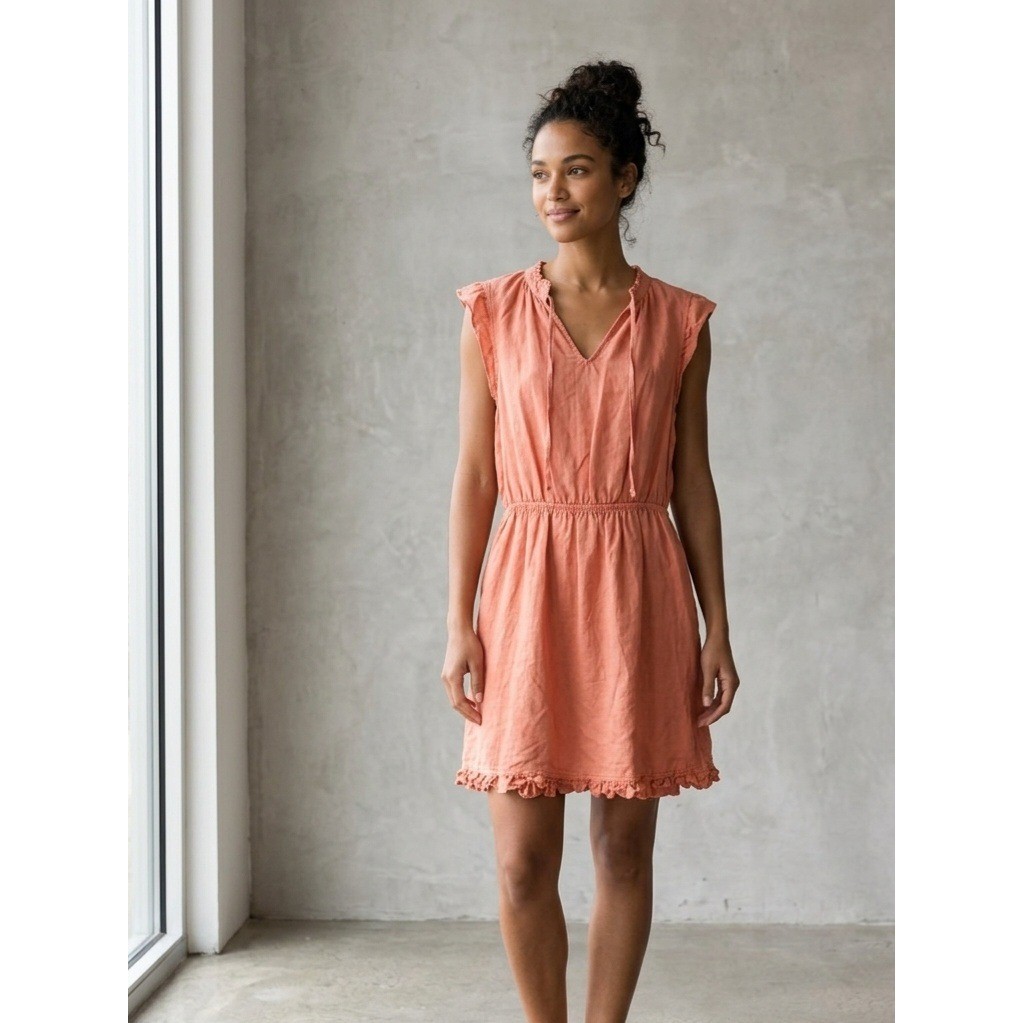 Bella Dahl Linen Boho Ruffle Tie Neck Elastic Waist Mini Dress Orange Large