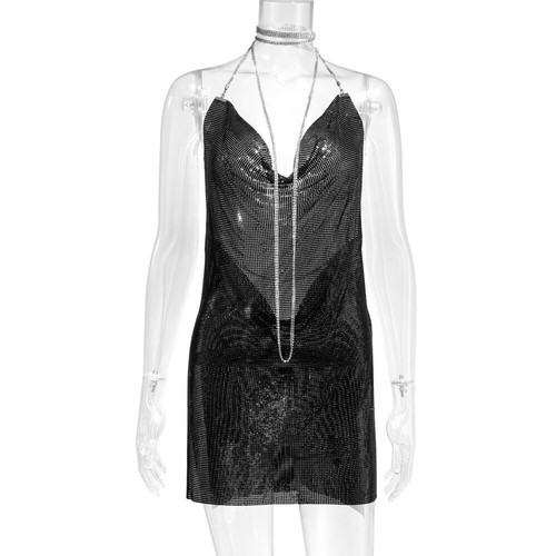 Hot Metal Chain Halter Women Backless Mini Dress High Slit Night Dress Party