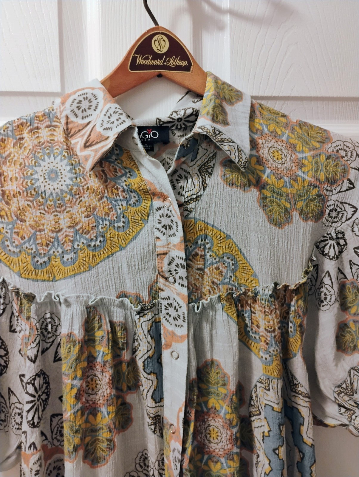 GiGio Bohemian Geometric Maxi Dress Button Down Ruffle Collared Puff S Polyester
