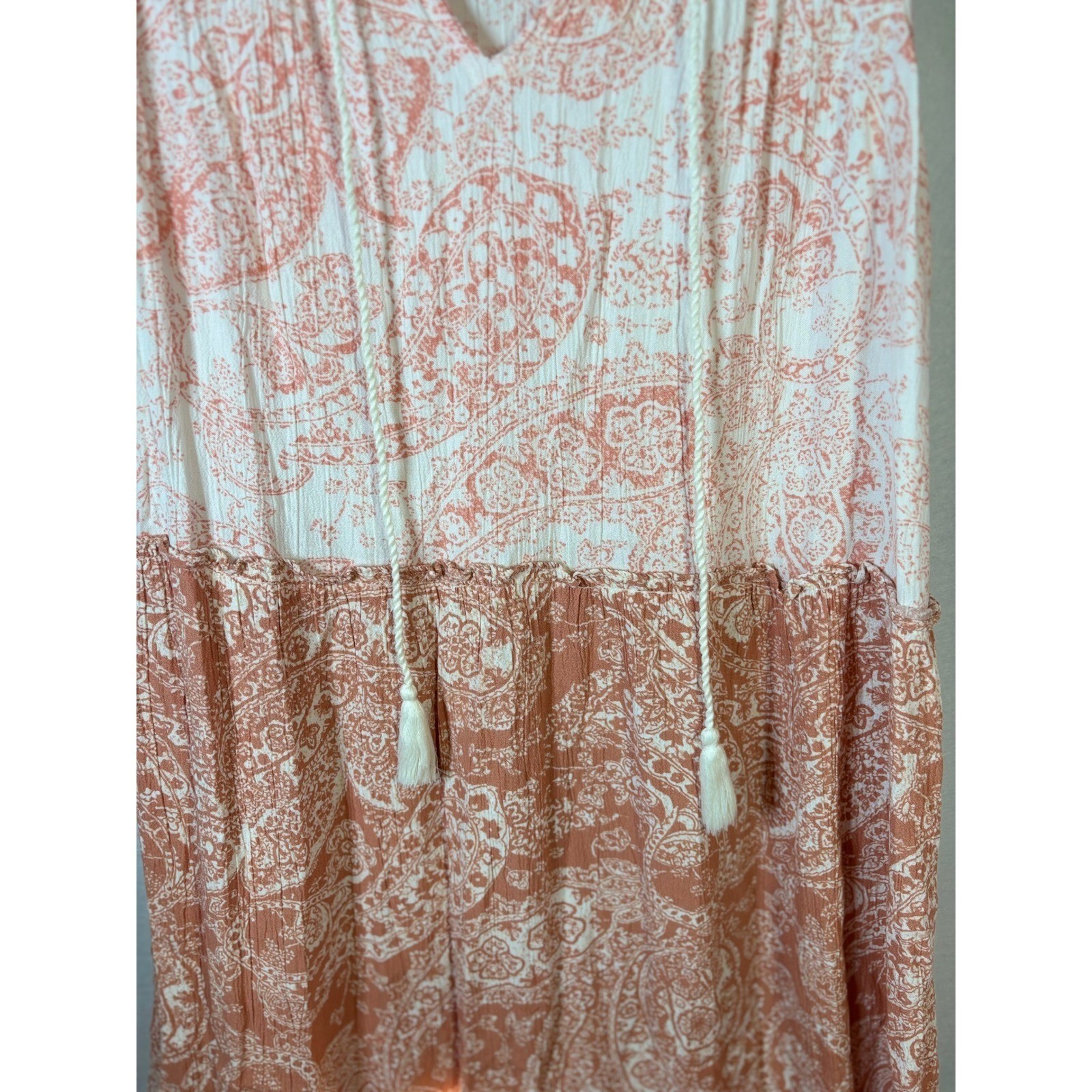 Wonderly Womens Coral White Paisley Sleeveless Tassel Tie Tiered Maxi Dress L