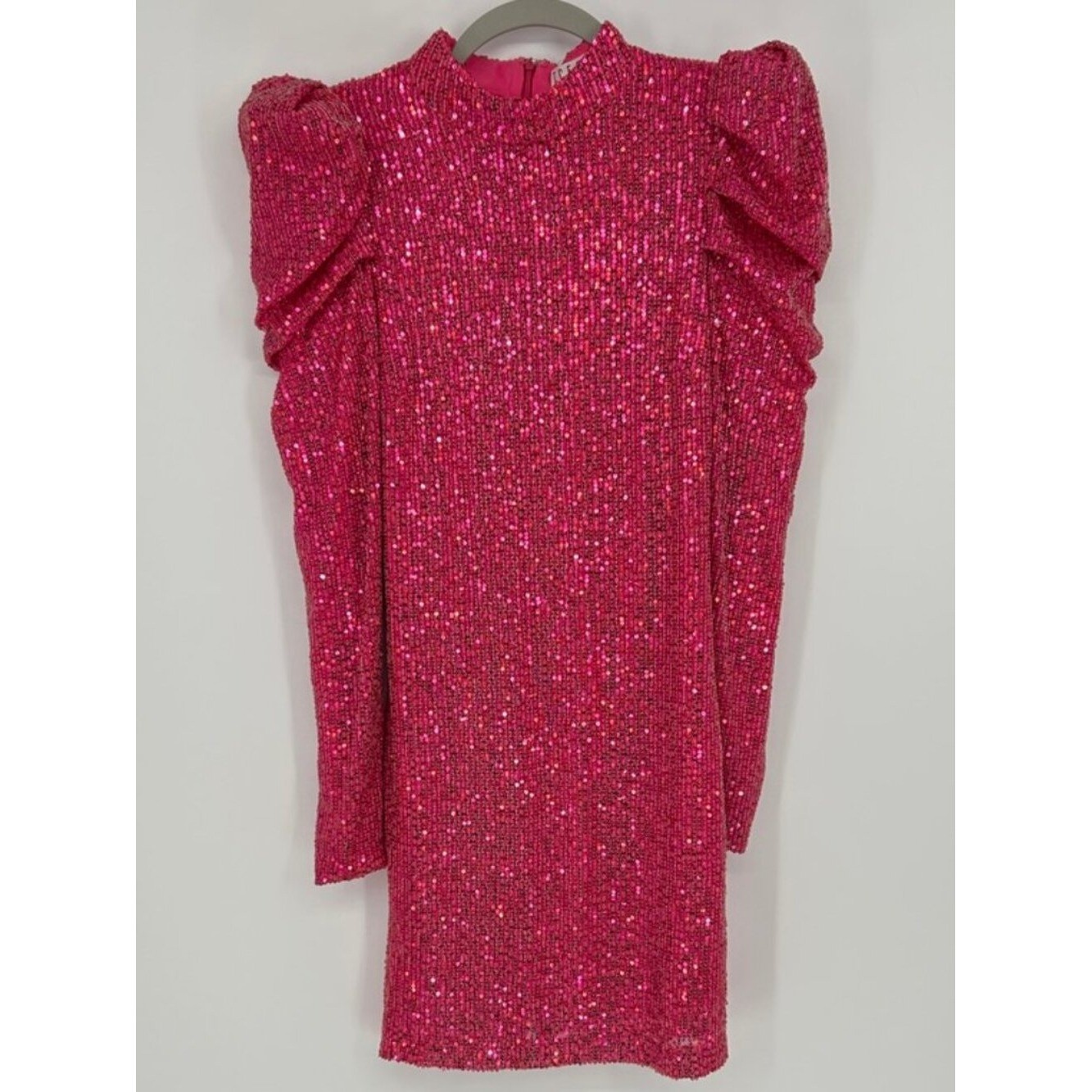 TCEC Fuchsia Pink Sequin Puff Sleeve Mini Dress Small Hoco Party Cocktail Glam