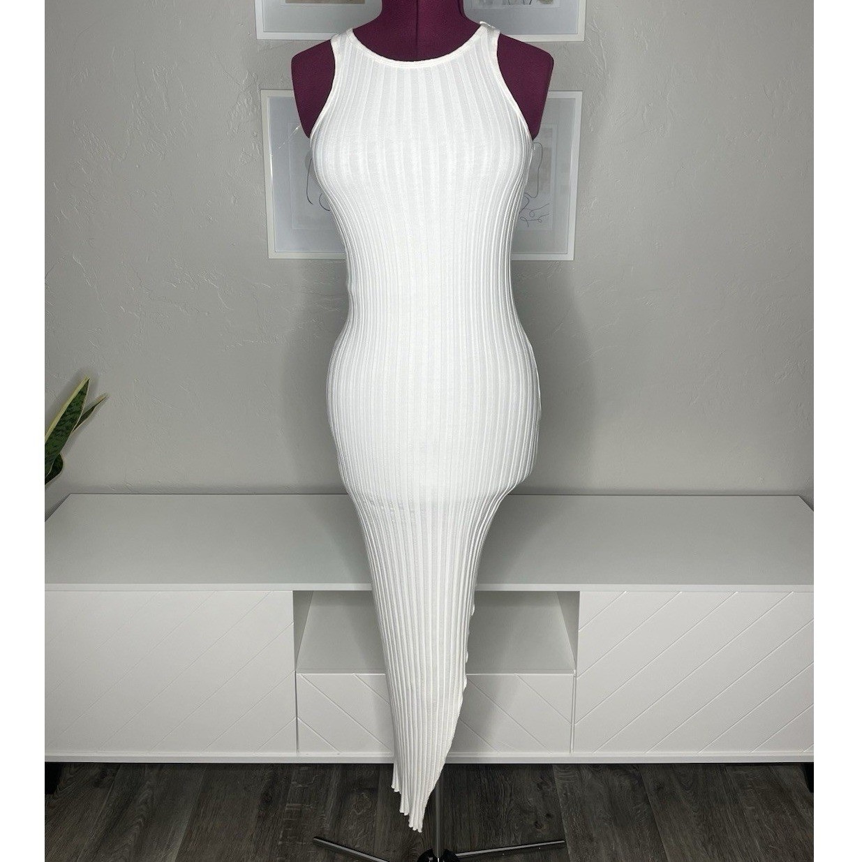 Simon Miller Ribbed Knit Dress Womens Small White Asymmetric Slit Sleeveless