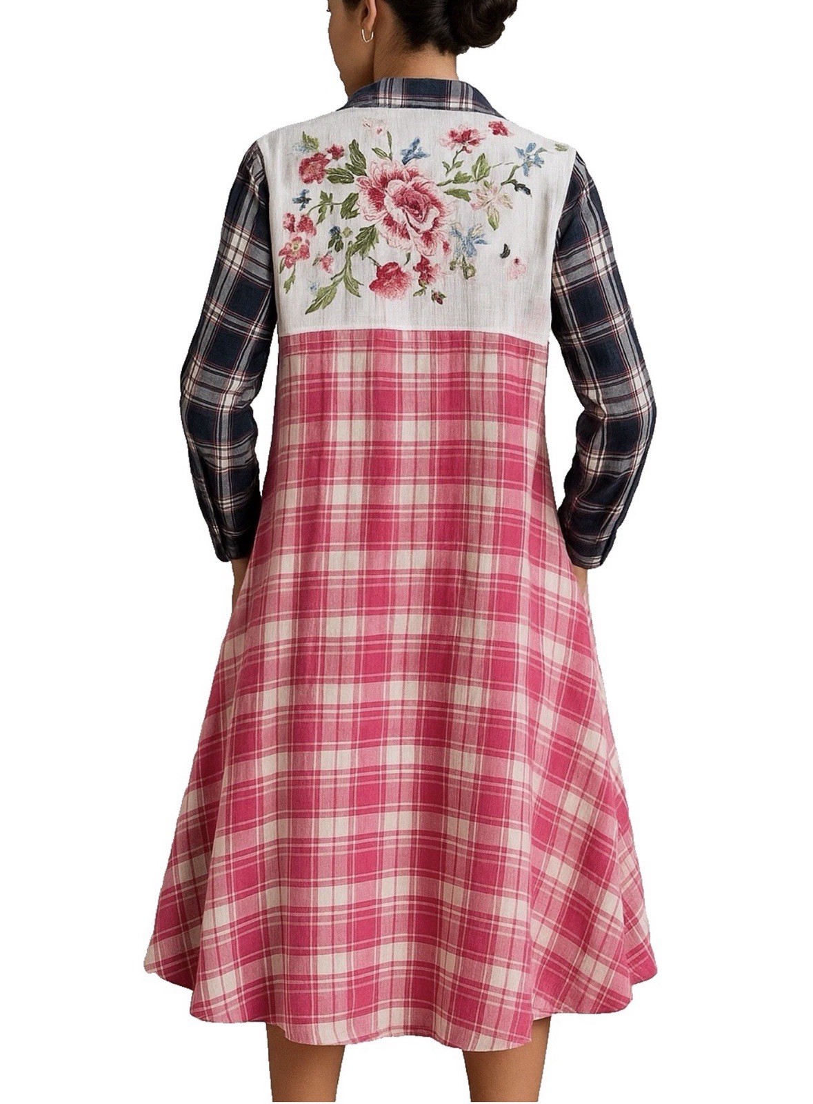Philosphy Floral Embroidered Plaid Dress Roll Tab Sleeve M Cowgirl Festival