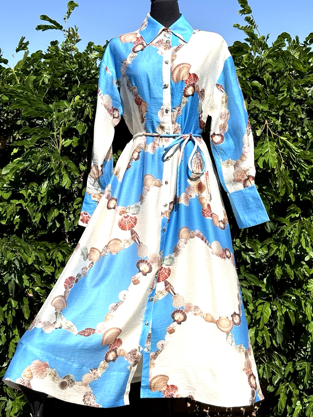 Caroline Constas S Blue/Sea shells Print Long Sleeves Collared Buttoned up Maxi