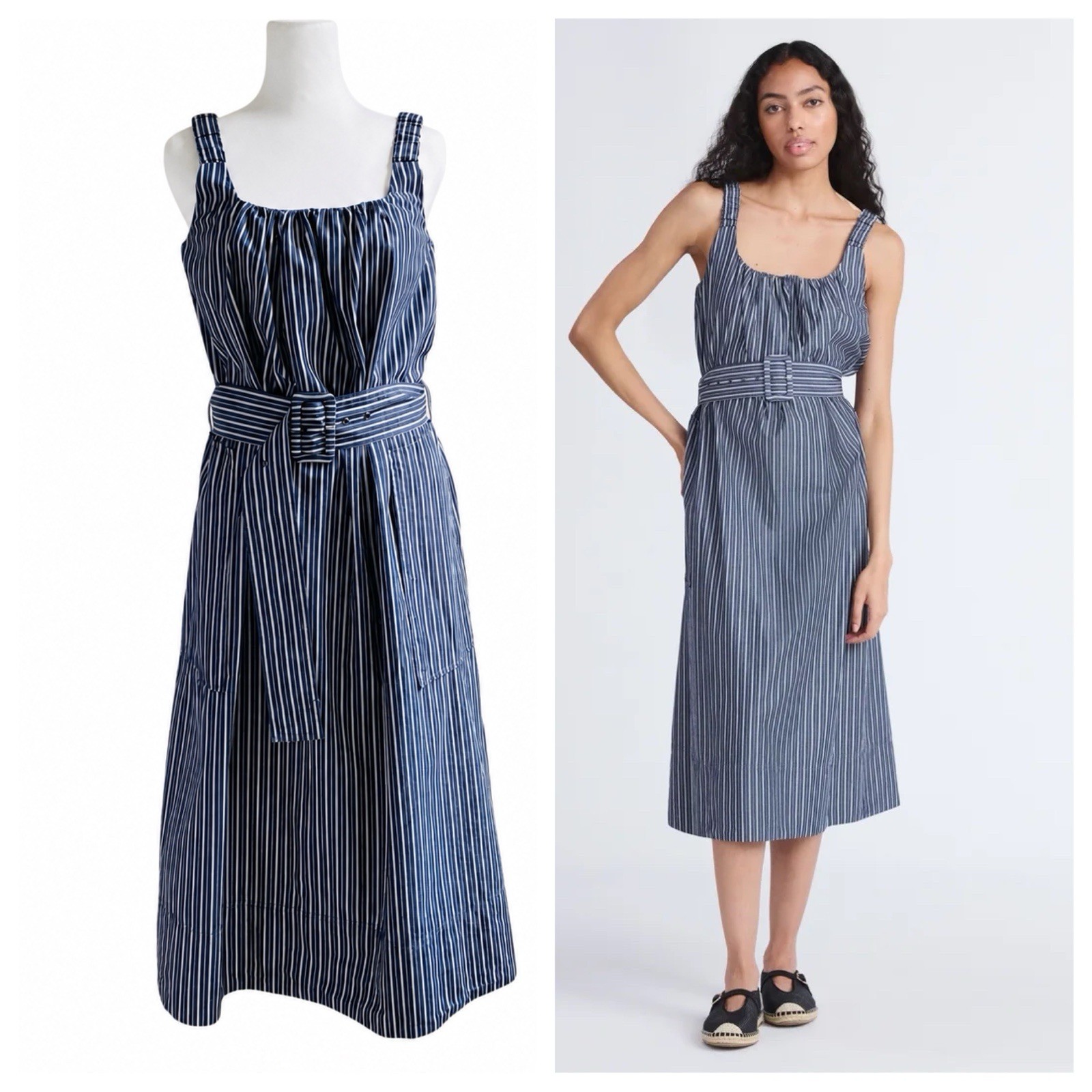 Free Assembly | Belted Cotton Utility Midi Dress Pockets Navy White Striped | XS