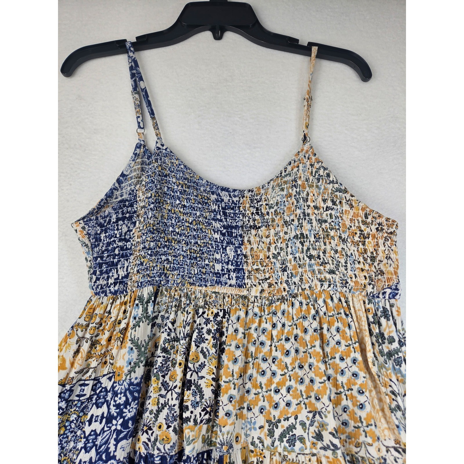 Angie Floral Patchwork Smocked Mini Dress Blue Yellow Boho Tiered Rayon Large