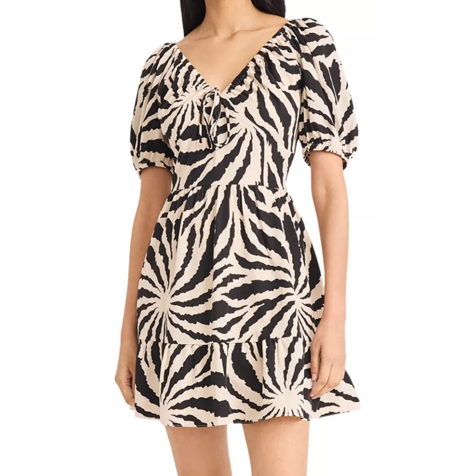 Good Journey Cream Black Zebra Tiered Puff Short Sleeve Mini Dress sz 16 NEW Tag