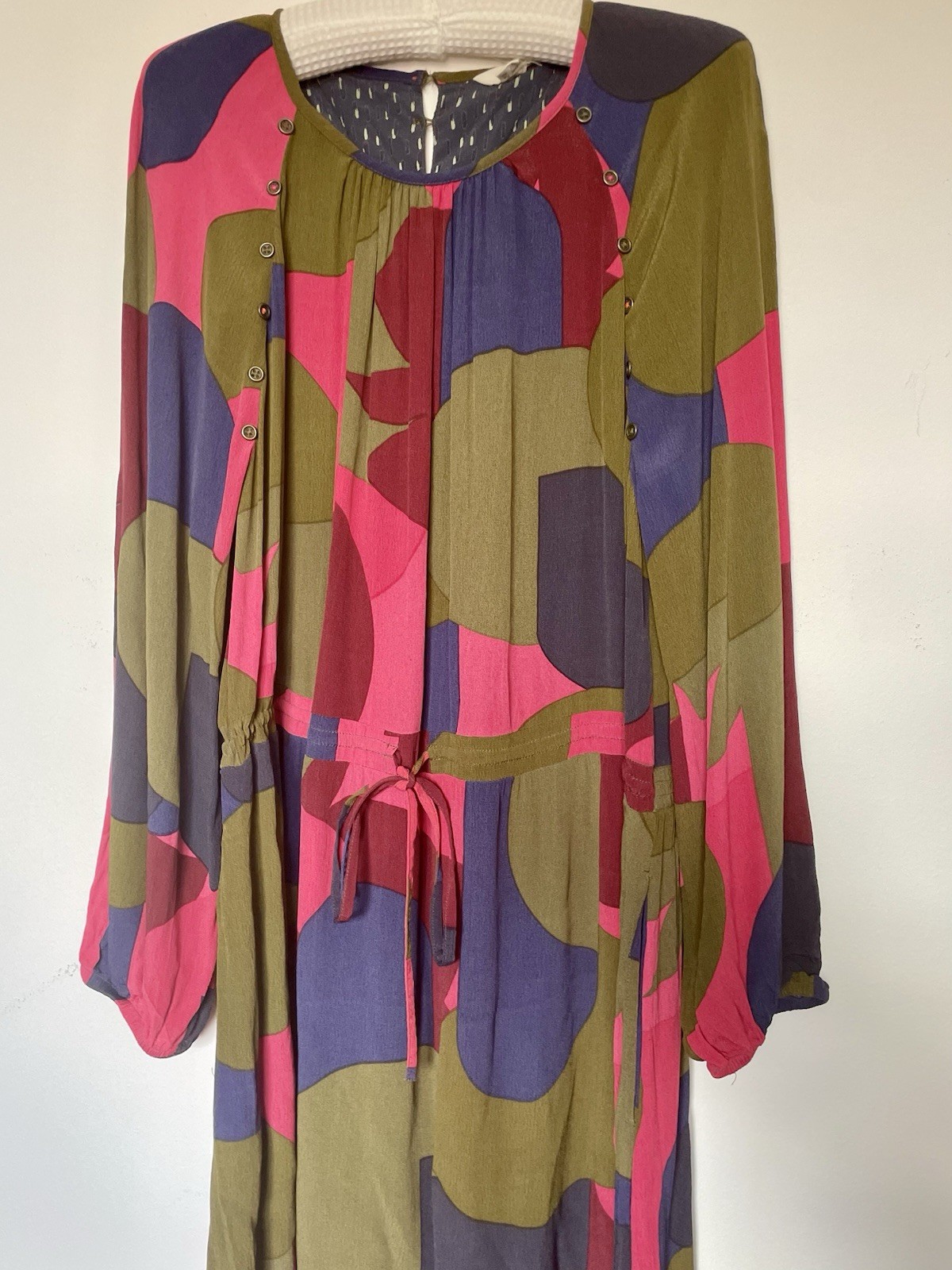 NWOT White Stuff Retro Geometric Long Sleeve Dress 18 greens, Vivid Pink, Purple